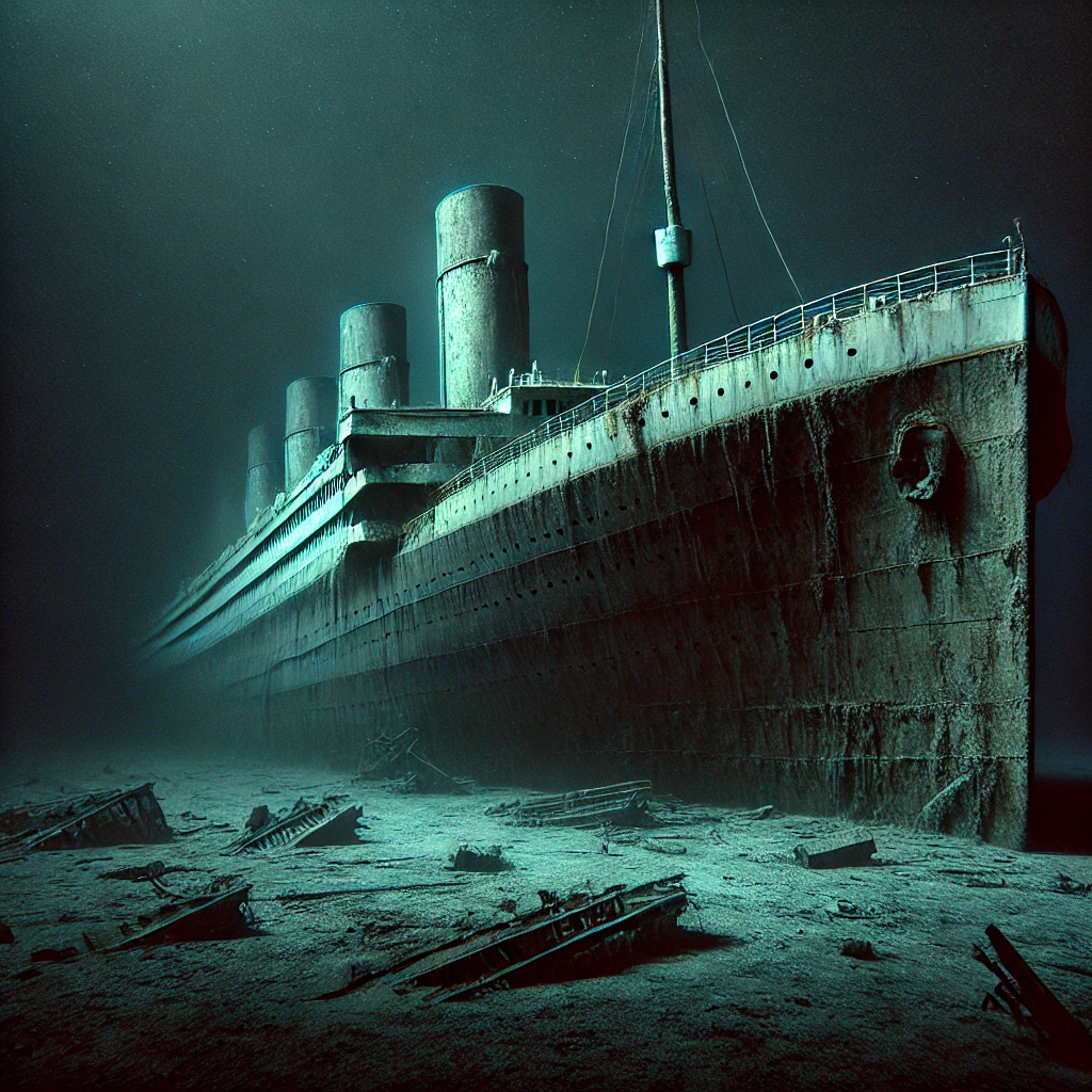 sunken-Titanic-resting-on-the-dark-murky-ocean-floor.